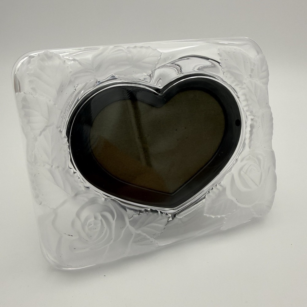 Vtg Crystal Picture Frame Japan Roses Heart 2.5x4" Photo Etched Romantic Decor